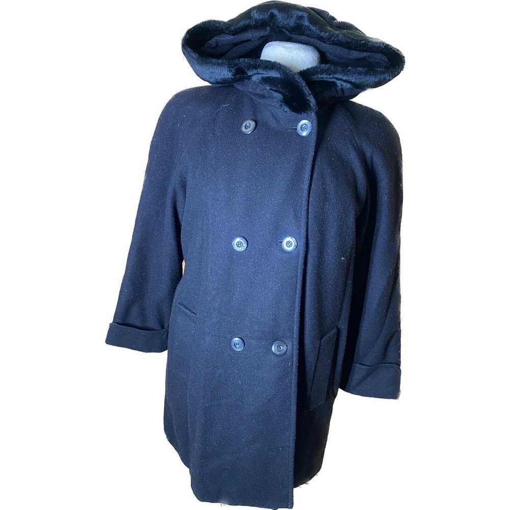 BRAETAN BLACK WOOL JACKET Collar and Cuffs Hood Short Coat Size 12